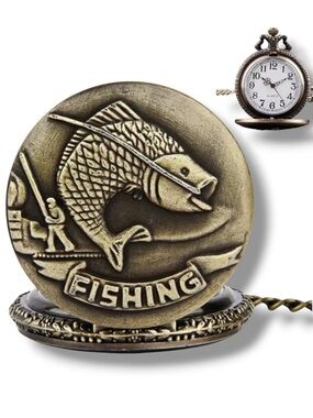Pocket Chain Watch Fishing Theme Sportsperson Bronze Steampunk Retro Style Gift
